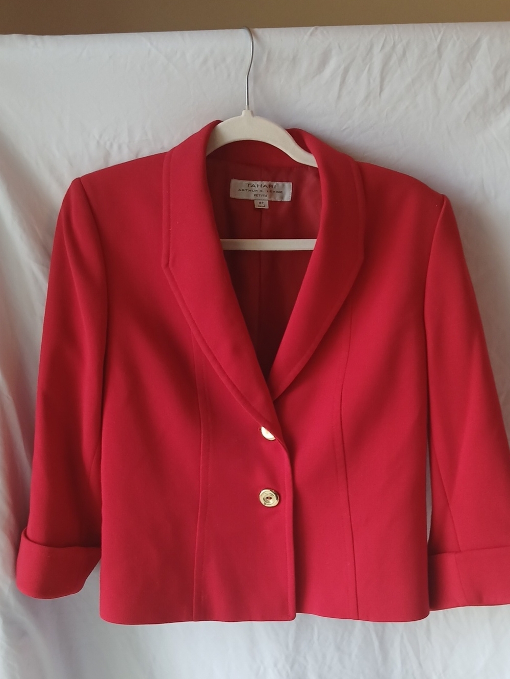 Tahari Bright Red Shawl Collar Blazer with Gold Buttons